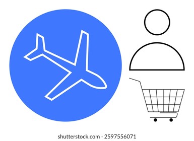 Airplane in blue circle on left with a simplified outline of person and shopping cart on right. Ideal for travel, online shopping, customer service, aviation, e-commerce. Modern minimalist style