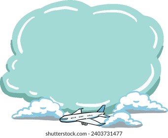 Airplane Blue cloud-shaped frame illustration of jet plane, blue sky and clouds