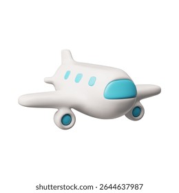 Airplane with blue portholes, perspective view. 3D cartoon plastic style vector illustration. White commercial jet airplane isolated on white background. Realistic passenger plane. Air transport