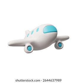Airplane with blue portholes, perspective view 3D cartoon plastic style vector illustration. White commercial jet airplane isolated. Air transport. Realistic passenger plane