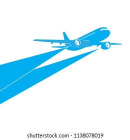 Airplane blue silhouette on white background.