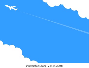 Airplane in blue sky background with clouds above and below A-size landscape