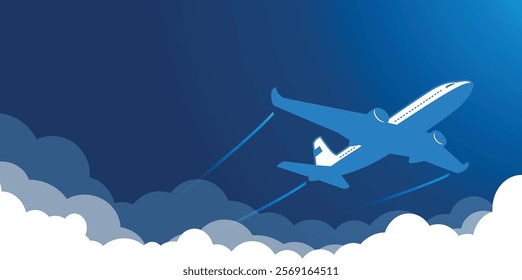 Airplane in the blue sky flying above the clouds. Vector background template for webpage header, travel advertisement