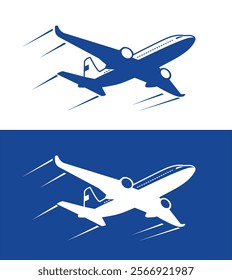 Airplane in blue sky icon. Plane silhouette on transparent and blue background