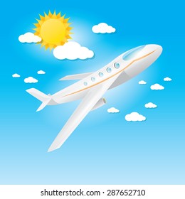 airplane in blue sky with sun and clouds. Summer travel by airplane concept illustration. 