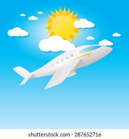 airplane in blue sky with sun and clouds. Summer travel by airplane concept illustration. 