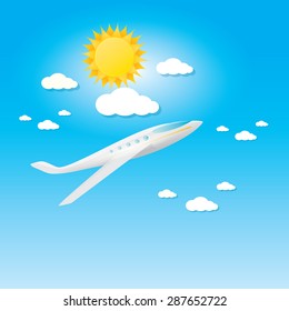 airplane in blue sky with sun and clouds. Summer travel by airplane concept illustration. 