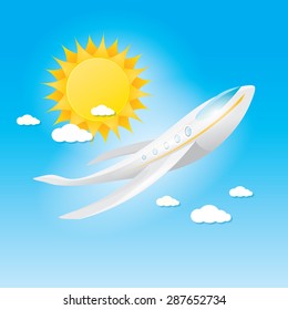 airplane in blue sky with sun and clouds. Summer travel by airplane concept illustration. 