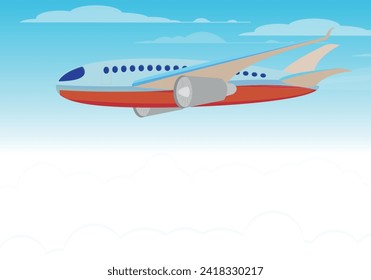 Airplane in blue sky with white clouds. Traveling and air freight vector concept. Airplane transportation tourism, commercial plane illustration