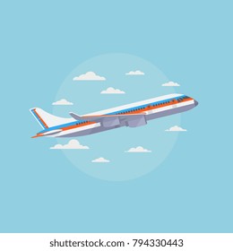 Airplane in blue sky with white clouds. Traveling and air freight vector concept. Airplane transportation tourism, commercial plane illustration