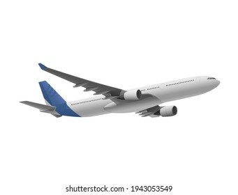 Airplane with blue tail flying over white background