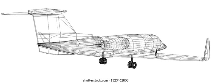 Airplane blueprint. Outline aircraft on white background. Created illustration of 3d