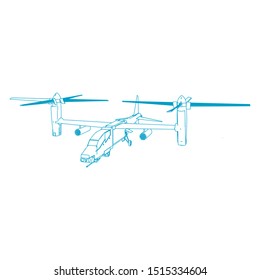 Airplane blueprint. Outline aircraft on isolated background. Vector illustration. Aviation drawing blueprint, plane sketch graphic