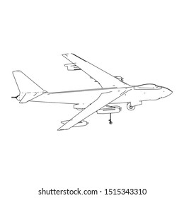 Airplane blueprint. Outline aircraft on isolated background. Vector illustration. Aviation drawing blueprint, plane sketch graphic