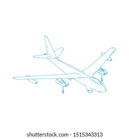 Airplane blueprint. Outline aircraft on isolated background. Vector illustration. Aviation drawing blueprint, plane sketch graphic