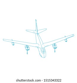 Airplane blueprint. Outline aircraft on isolated background. Vector illustration. Aviation drawing blueprint, plane sketch graphic