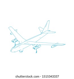 Airplane blueprint. Outline aircraft on isolated background. Vector illustration. Aviation drawing blueprint, plane sketch graphic