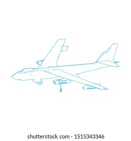 Airplane blueprint. Outline aircraft on isolated background. Vector illustration. Aviation drawing blueprint, plane sketch graphic