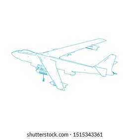 Airplane blueprint. Outline aircraft on isolated background. Vector illustration. Aviation drawing blueprint, plane sketch graphic