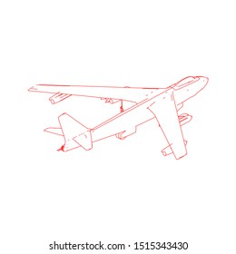 Airplane blueprint. Outline aircraft on isolated background. Vector illustration. Aviation drawing blueprint, plane sketch graphic