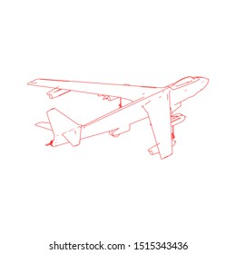 Airplane blueprint. Outline aircraft on isolated background. Vector illustration. Aviation drawing blueprint, plane sketch graphic