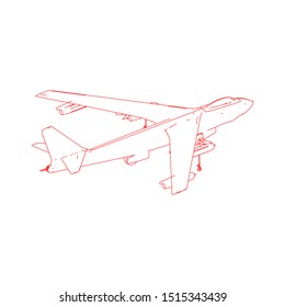 Airplane blueprint. Outline aircraft on isolated background. Vector illustration. Aviation drawing blueprint, plane sketch graphic