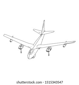 Airplane blueprint. Outline aircraft on isolated background. Vector illustration. Aviation drawing blueprint, plane sketch graphic