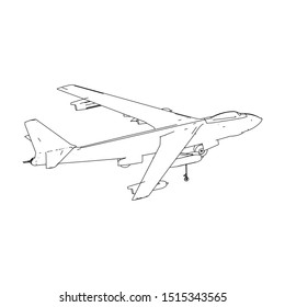 Airplane blueprint. Outline aircraft on isolated background. Vector illustration. Aviation drawing blueprint, plane sketch graphic