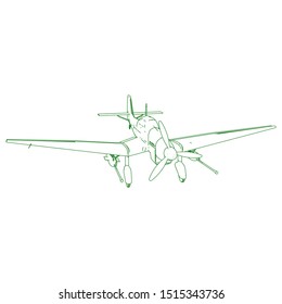 Airplane blueprint. Outline aircraft on isolated background. Vector illustration. Aviation drawing blueprint, plane sketch graphic