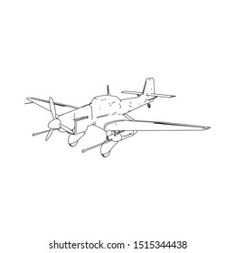 Airplane blueprint. Outline aircraft on isolated background. Vector illustration. Aviation drawing blueprint, plane sketch graphic