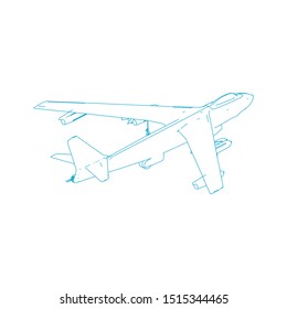 Airplane blueprint. Outline aircraft on isolated background. Vector illustration. Aviation drawing blueprint, plane sketch graphic