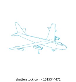 Airplane blueprint. Outline aircraft on isolated background. Vector illustration. Aviation drawing blueprint, plane sketch graphic