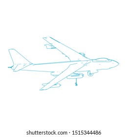 Airplane blueprint. Outline aircraft on isolated background. Vector illustration. Aviation drawing blueprint, plane sketch graphic