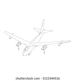 Airplane blueprint. Outline aircraft on isolated background. Vector illustration. Aviation drawing blueprint, plane sketch graphic