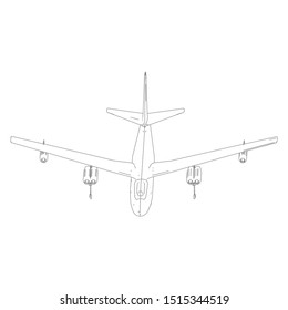 Airplane blueprint. Outline aircraft on isolated background. Vector illustration. Aviation drawing blueprint, plane sketch graphic