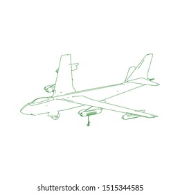 Airplane blueprint. Outline aircraft on isolated background. Vector illustration. Aviation drawing blueprint, plane sketch graphic