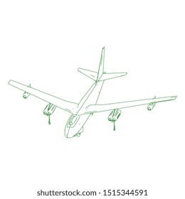 Airplane blueprint. Outline aircraft on isolated background. Vector illustration. Aviation drawing blueprint, plane sketch graphic