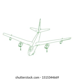 Airplane blueprint. Outline aircraft on isolated background. Vector illustration. Aviation drawing blueprint, plane sketch graphic