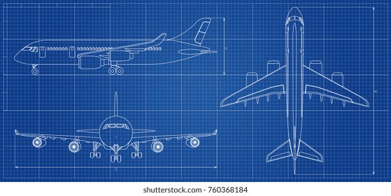 Airplane blueprint. Outline aircraft on blue background. Vector illustration. Aviation drawing blueprint, plane sketch graphic
