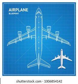 Airplane Blueprint Plan Top View White Contour and Realistic 3d Detailed Aviation Jet. Vector illustration of Blue Print