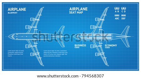 Airplane Blueprint Plan Top View Seat Map Business or Economy Class White Contour. Vector illustration of Blue Print