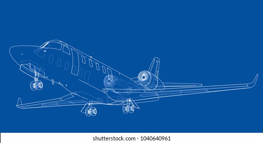 Airplane blueprint. Vector illustration rendering of 3d