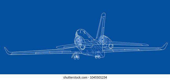 Airplane blueprint. Vector illustration rendering of 3d