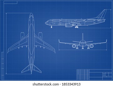 Airplane Blueprint. White Outline Aircraft On Blue Background. EPS10 Vector