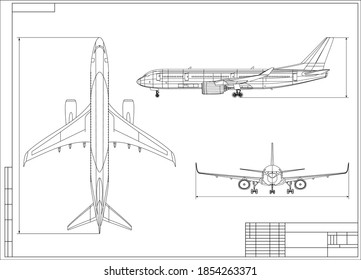 Airplane Blueprint. White Outline Aircraft On Blue Background. EPS10 Vector