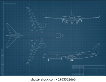 Airplane Blueprint. White Outline Aircraft On Blue Background. EPS10 Vector