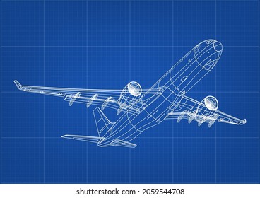 Airplane Blueprint  White Outline Aircraft On Blue Background  EPS10 Vector
