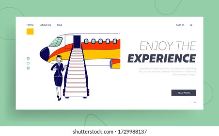 Airplane Boarding, Air Trip Landing Page Template. Airline Staff Stewardess Character, Flight Attendant, Air Hostess Girl Wearing Uniform and Cap Inviting Passengers. Linear Vector Illustration