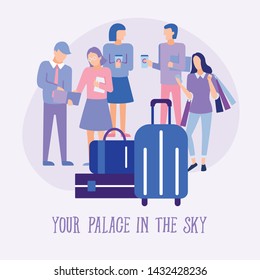 Airplane boarding in airport poster in flat style. Group of people waiting with luggage and tickets. Summertime vacation and traveling by airplane. Travel agency advertising vector illustration.