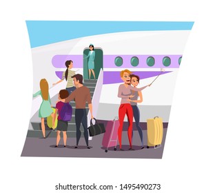Airplane boarding flat vector illustration. Tourists with luggage in airport cartoon characters. Female travelers with suitcases taking selfie. Flight attendant standing on stairs, greeting passengers